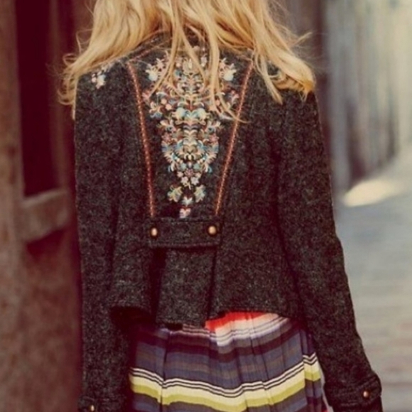 FREE People Picchi Wool Embroidered Pleated Jacket size 10 - Picture 4 of 9